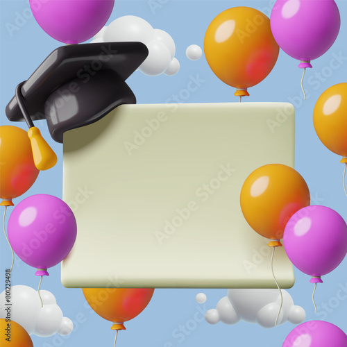 Graduation party background template 3d render with balloons, student hat and square card with copy space for your text. Vibrant color there dimensional realistic greeting post or banner design.
