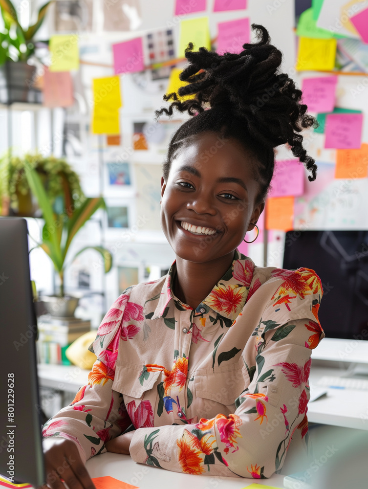Smiling african american girl at her workplace, working hard in the office at her desk. Pleasant working atmosphere Smiling african american girl at her workplace, working hard in the office at her desk. Pleasant working atmosphere