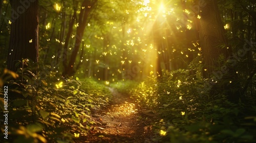 photo Magical fireflies fly towards the rays of sunlight in a forest that has a path