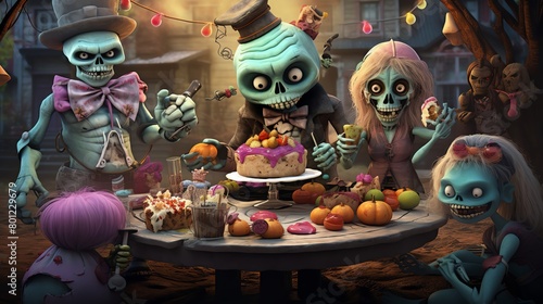Endearing 3D depiction of Boo the zombie at a zombie tea party sharing ghoulish treats with other cute undead friends perfect for social media content or childrens entertainment © Jenjira