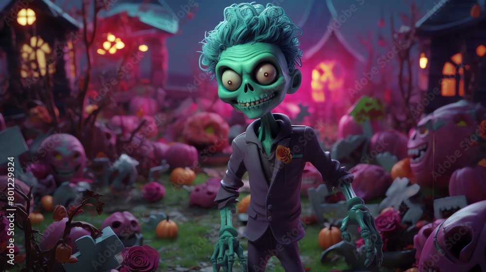 Playful of Boo the zombie in a bright costume wandering through a whimsical graveyard with a friendly smile idea for festive decorations or party invitations Playful of Boo the zombie in a bright costume wandering through a whimsical graveyard with a friendly smile idea for festive decorations or party invitations