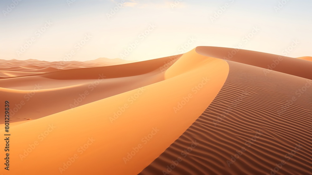 Serene early morning scene in the Sahara with soft light casting long shadows over the smooth windcarved dunes perfect for tranquil background imagery