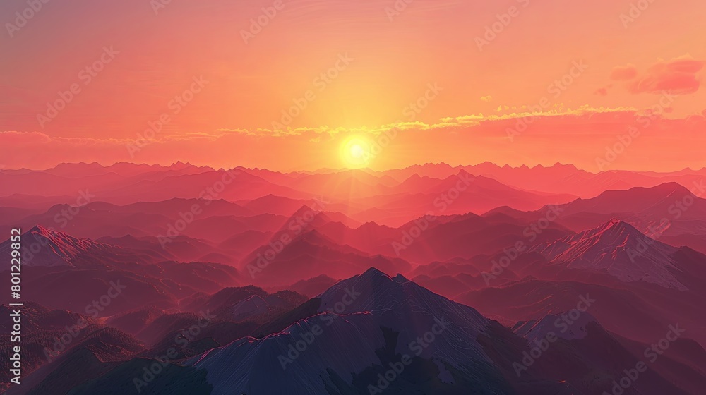 Majestic sunrise over layered mountain ranges, bathing the peaks in a warm glow and casting long shadows