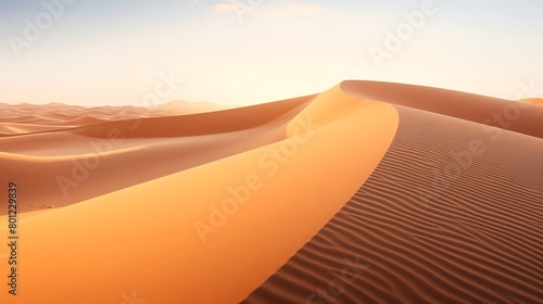 Serene early morning scene in the Sahara with soft light casting long shadows over the smooth windcarved dunes perfect for tranquil background imagery