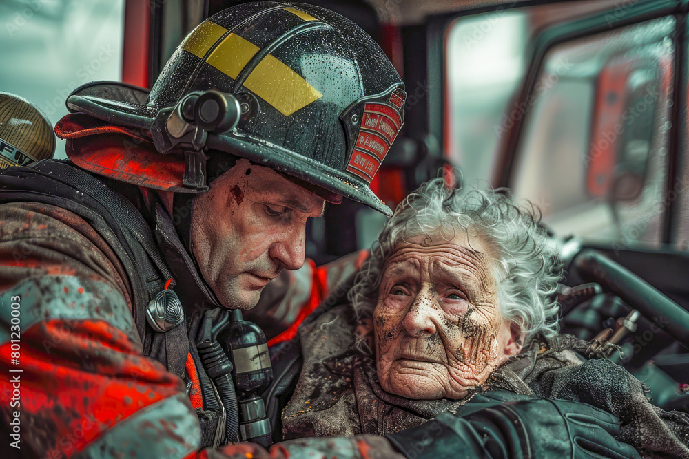 A fireman and an old woman are in a fire truck. Scene is serious and caring.Firefighter saves an senior woman from fire. A fireman and an old woman are in a fire truck. Scene is serious and caring.Firefighter saves an senior woman from fire.