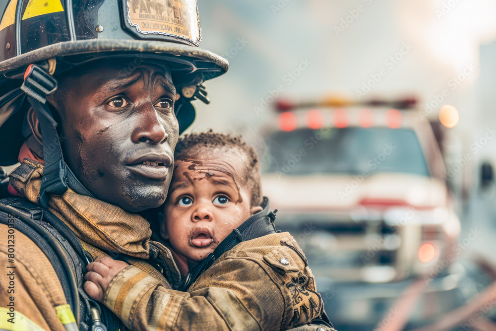 Fototapeta premium Cinematic scene fireman saves a baby from fire.A black american firefighter is holding a black baby in his arms, close up.