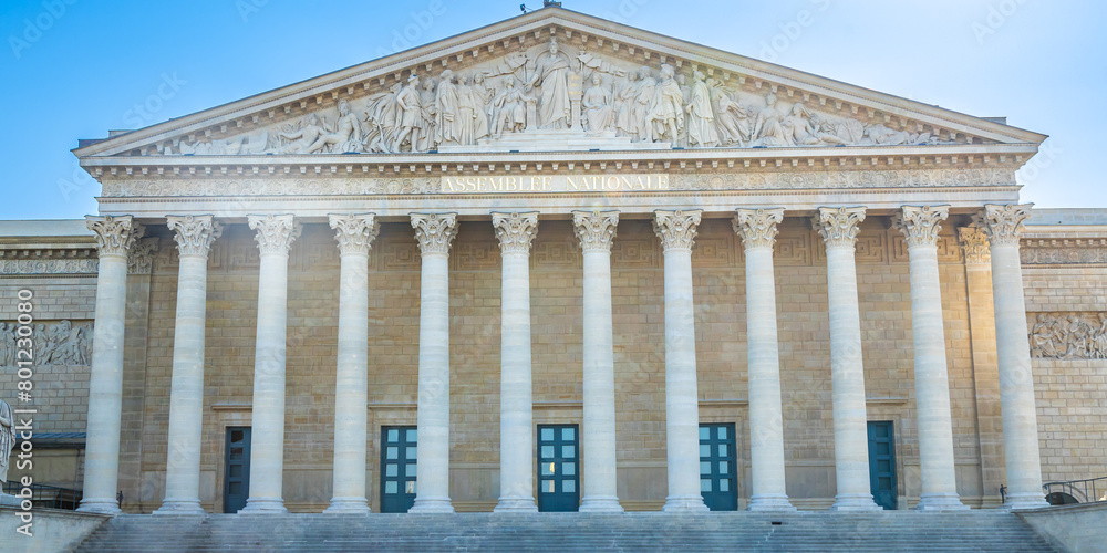 Fototapeta premium Front view of Assemblee Nationale name of the facade of the building in Paris, France