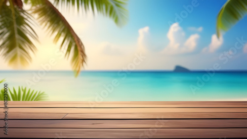 Empty wooden boards with blurred beach and palm trees in the background, for product placement