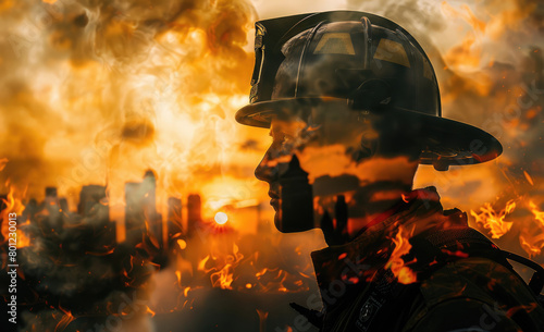 Double Exposure of firefighter silhouette and a fire in the city, with fire truck, copy space