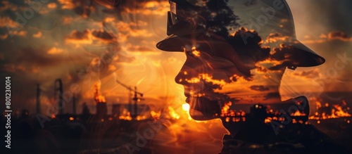 Double Exposure of firefighter silhouette and a fire in the city, with fire truck, copy space © DELstudio