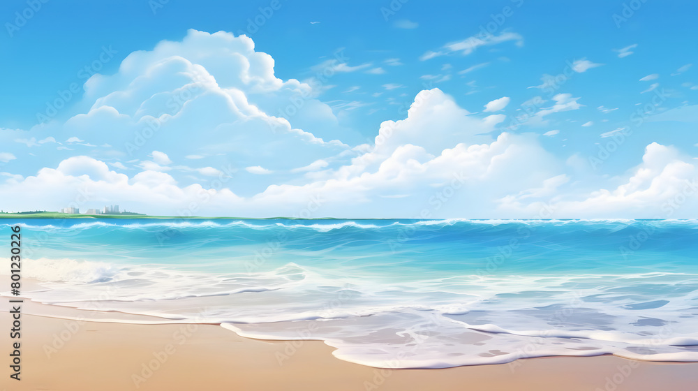 Sunlit Shoreline, Sandy Beach, Azure Skies. Realistic Beach Landscape. Vector Background