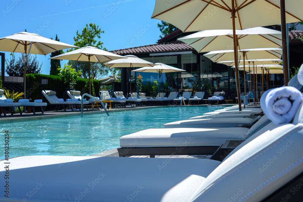 Fototapeta premium a luxurious pool and hotel interior for a summer holiday or in warm countries. Beautiful tropical beach hotel resort with swimming pool, sun loungers and palm trees