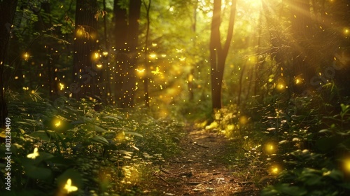 photo Magical fireflies fly towards the rays of sunlight in a forest that has a path photo
