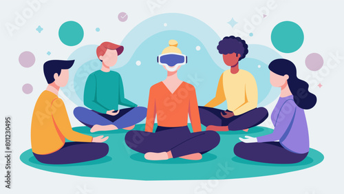 A group of friends sits in a circle each wearing a virtual reality headset as they participate in a guided meditation session that utilizes neural.