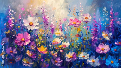 Brightly colored nature wallpaper  wildflowers in a field, oil on canvas illustration © Mechastock