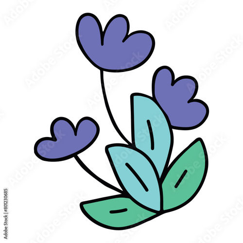 Magical hand drawn graphic doodle lilac flowers with green leaves