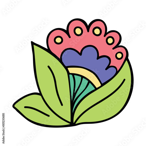 Fancy cute magical flower. Decorative vector graphic flower with leaves