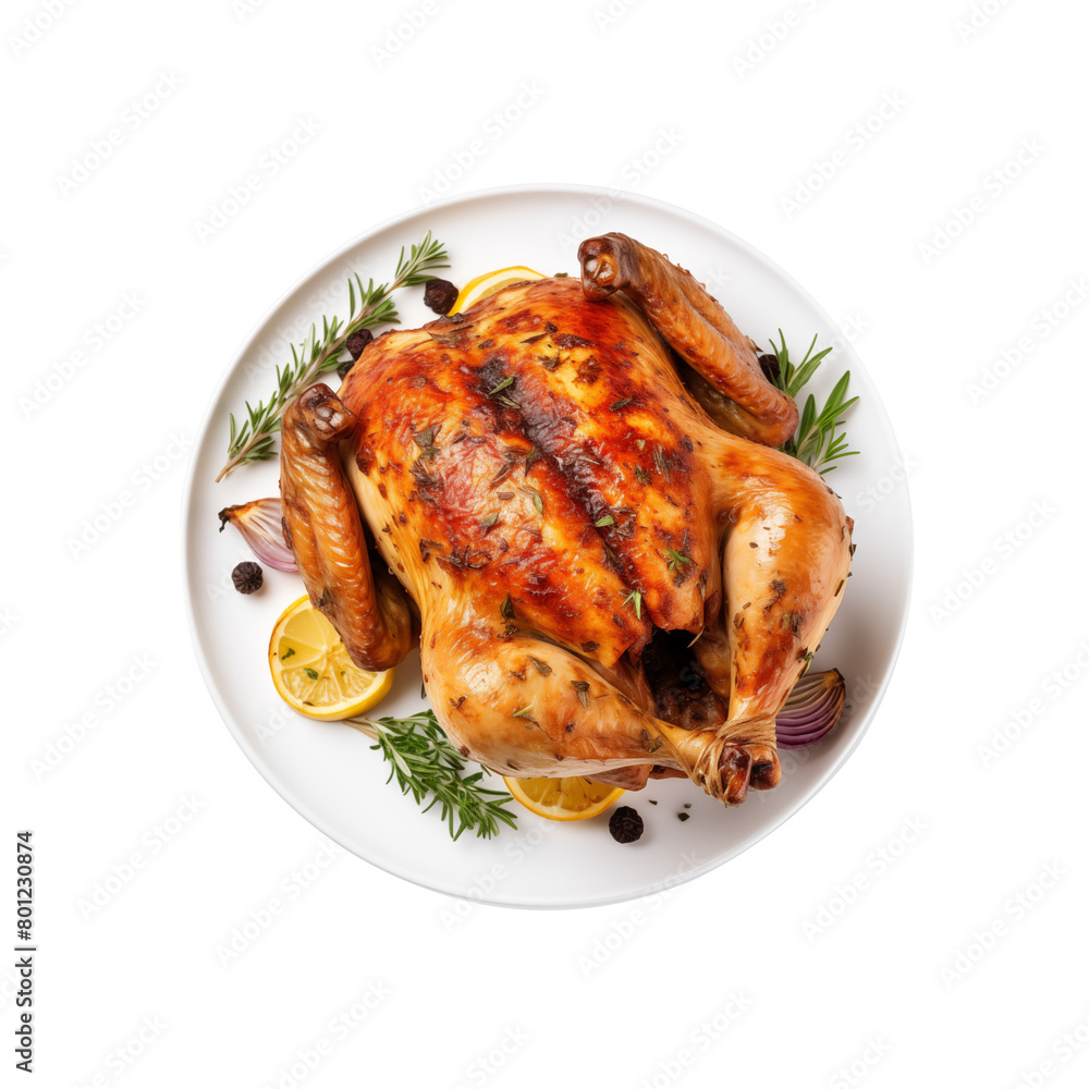 Roasted whole chicken with crispy skin, garnished with rosemary and spices, top view on transparent background. Generative AI Roasted whole chicken with crispy skin, garnished with rosemary and spices, top view on transparent background. Generative AI