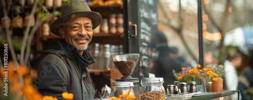 A smiling man wearing a hat is standing in front of a counter. There are jars and a coffee grinder on the counter. There are flowers and a window in the background.