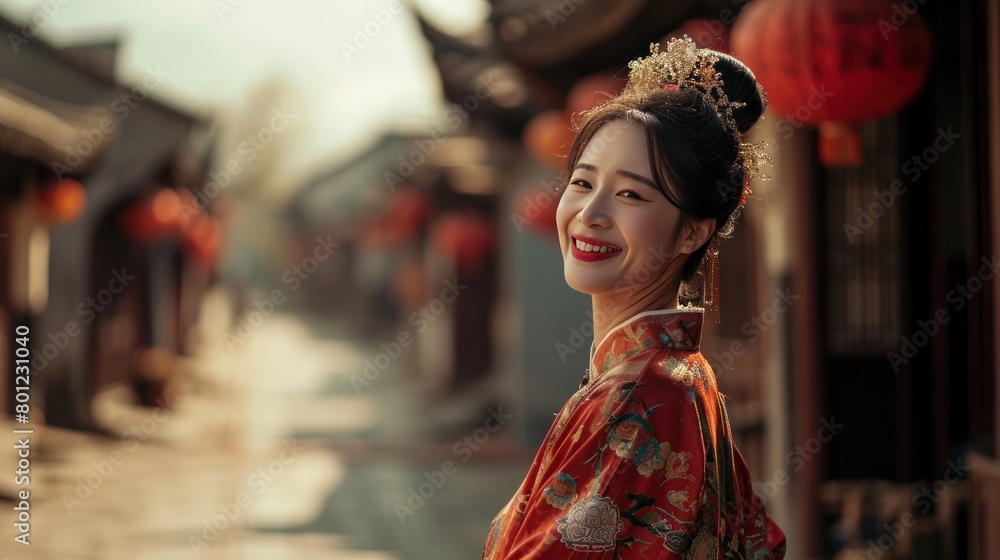 Beautiful lady dressed in traditional Hanfu clothing in street during Chinese lunar new year.