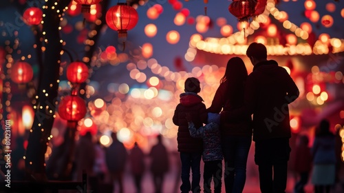 Obraz na płótnie A happy family in lantern festival in street to celebrate Chinese lunar new year. w salonie
