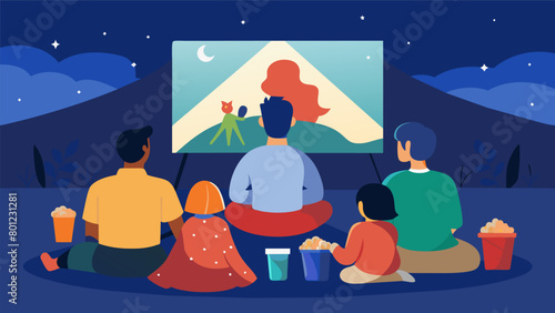 Families sitting on picnic blankets and enjoying a makeshift outdoor movie screening with classic American movies playing on a large screen under the. Vector illustration