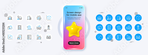Package size, Buildings and Arena line icons. Phone mockup with 3d star icon. Pack of Sports arena, Building, Packing things icon. Lighthouse, Floor plan, Home grill pictogram. Vector