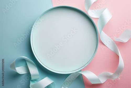 A front view of the isolated plate that has been placed on pink and blue background that decorated with pastel ribbon that can compile to the things like the celebration  festival or ceremony. AIGX03.