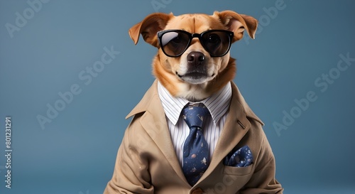 Cool dog sporting a tie, glasses, and a jacket in a quirky fashion outfit. Large banner with right-side text space. Chic animal dressing up as a supermodel