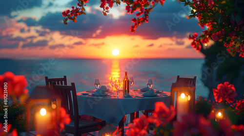 A dining table with plates, wine glasses, and silverware is set on a deck overlooking the ocean during a sunset.  © wcirco