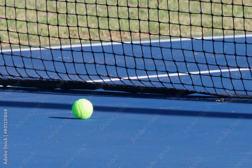tennis ball and net on a blue court