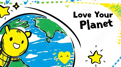 Minimalist of Earth with Heart Symbol and Love Your Planet Message