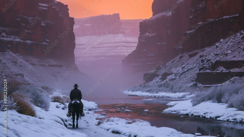 Cowboy on horseback in wild rugged field in winter with snow. Cowboy on horseback in wild rugged field in winter with snow.