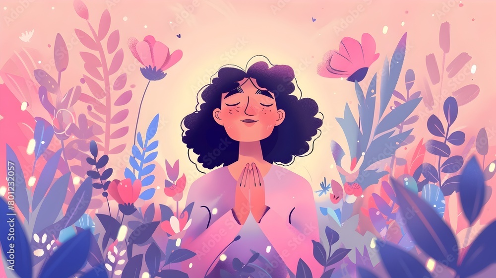 of a Woman Practicing Self Compassion and Positive Affirmations in a Lush Botanical Dreamscape of a Woman Practicing Self Compassion and Positive Affirmations in a Lush Botanical Dreamscape