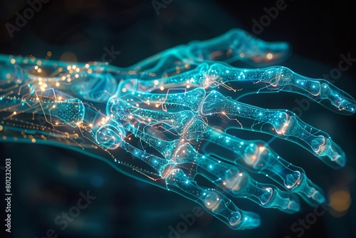An illustration of a hand made of glowing blue light. The bones are visible through the skin, and the nerves are glowing brightly. photo