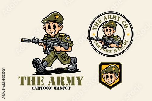 soldier army military holding weapon cartoon mascot logo design for sport adventure squad team