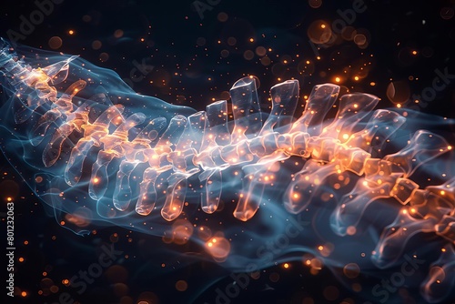 An abstract representation of the human spine, rendered in glowing orange and blue hues photo