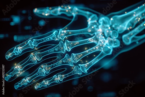 An x-ray of a hand with glowing blue bones. The bones are surrounded by a dark blue background.
