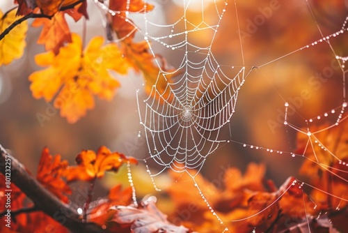 Dew Laden Spider Web Amidst Autumn Foliage