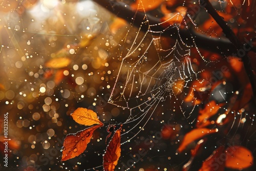 Sparkling Dew on Spider Web in Autumn Light
