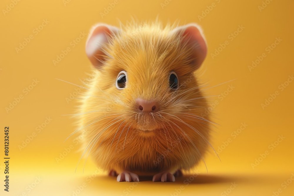 Photo of a cute, realistic guinea pig with golden fur and big black eyes. The guinea pig is sitting on a solid yellow background and looking at the camera.