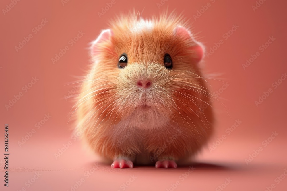 A cute, fluffy guinea pig sits on a pink background. The guinea pig has light brown fur with a white belly and paws. Its ears are perked up and its nose is twitching. A cute, fluffy guinea pig sits on a pink background. The guinea pig has light brown fur with a white belly and paws. Its ears are perked up and its nose is twitching.