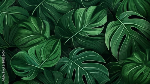 abstract foliage and botanical background. Green tropical forest wallpaper of monstera leaves, palm leaf, branches in hand drawn pattern 