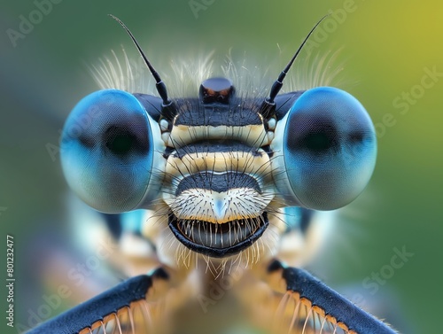 Close-up of a dragonfly's head showcasing intricate details and vibrant blue eyes. © cherezoff