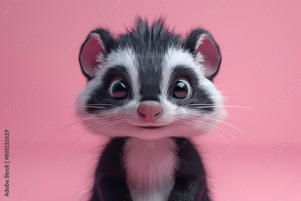 A cute cartoon skunk with big eyes and a pink nose. The skunk is standing on a pink background and looking at the viewer. A cute cartoon skunk with big eyes and a pink nose. The skunk is standing on a pink background and looking at the viewer.