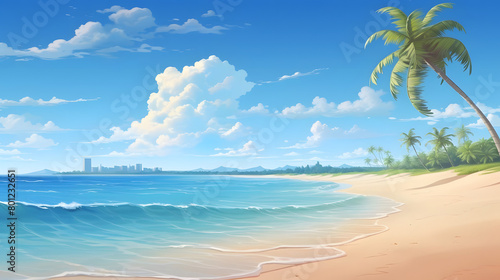 Oceanic Beauty, Sandy Beach, Blue Skies. Realistic Beach Landscape. Vector Background