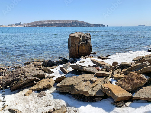 Vladivostok, Patroclus Bay in the Ussuri Bay of the Sea of Japan in March in sunny weather