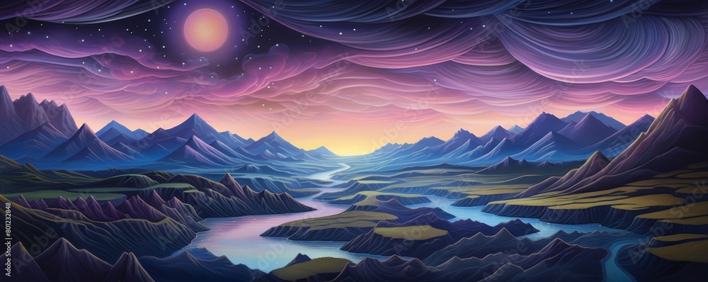 Fototapeta premium A beautiful landscape with a river running through it, surrounded by mountains and hills. The sky is a vibrant mix of colors, with a bright moon shining down.