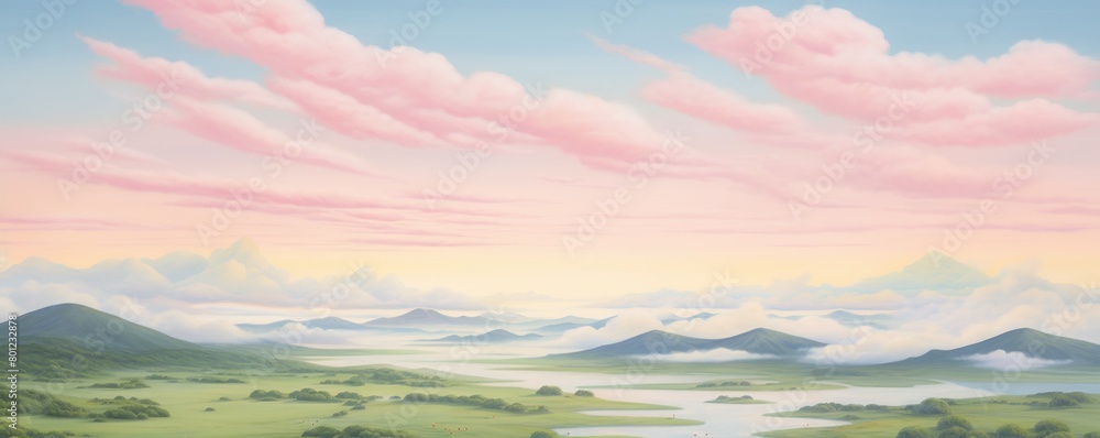 A beautiful painting of a pink clouded sky over a mountain valley.