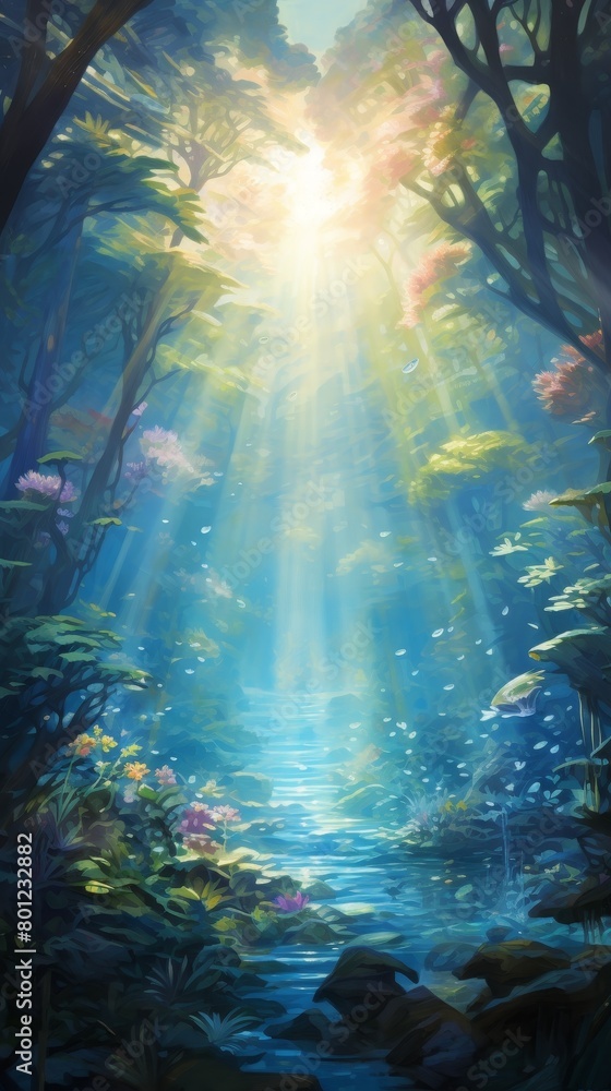 A beautiful painting of a lush forest with a sparkling stream running through it. The sun is shining brightly, creating a magical atmosphere.